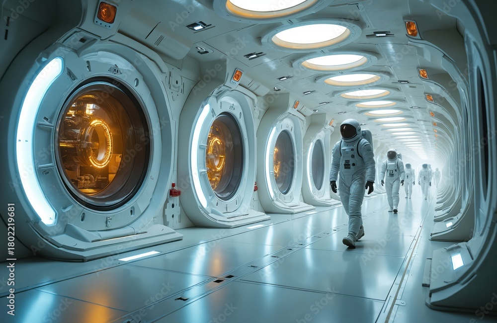 Fototapeta premium Astronauts in white space suits walk down futuristic corridor with circular doors, bright overhead lighting. Spacecraft interior sleek metallic surfaces, orange accents. Team of cosmonauts move