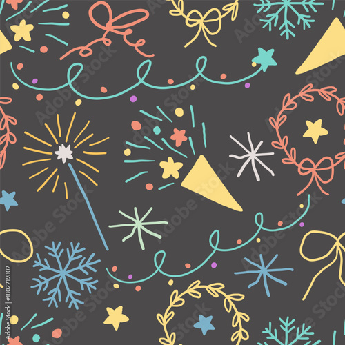 Seamless pattern with celebrating elements in hand drawn style in vector. Element for decoration postcards poster print background backdrop wrapping wallpaper banner