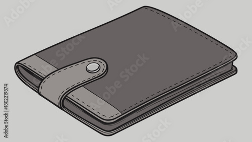 Isometric view of a closed gray book with a buttoned strap and visible pages and stitching details