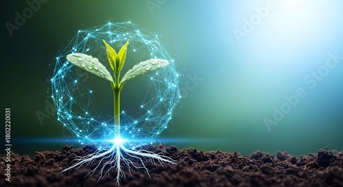 Smart farming and biotechnology for plant protection. Digital agriculture and secure data network. Plant protected inside a glowing blue polygonal sphere on dark soil.