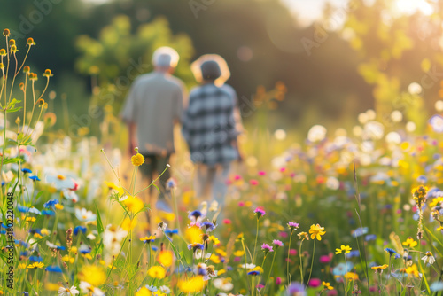 Elderly couple walking hand in hand through vibrant wildflower meadow, surrounded by colorful blossoms and soft sunlight, ideal for lifestyle content, senior living and retirement promotions