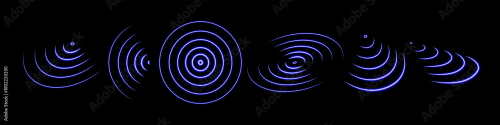 Naklejka premium Neon radar with concentric circles and sound waves. Circular light effect, Wi-Fi range, radio signal, and ripples. Vector background with a glowing location design element.