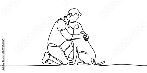 a person kneeling and embracing a dog, symbolizing love, companionship, loyalty, and human–animal bonding.