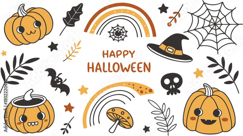 Happy halloween Boho abstract set. creative contemporary aesthetic doodle elements. Bohemian mystical magic collection clip art hand drawing style.  Vector illustration