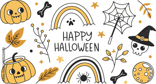 Happy halloween Boho abstract set. creative contemporary aesthetic doodle elements. Bohemian mystical magic collection clip art hand drawing style.  Vector illustration