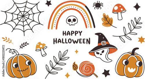 Happy halloween Boho abstract set. creative contemporary aesthetic doodle elements. Bohemian mystical magic collection clip art hand drawing style.  Vector illustration