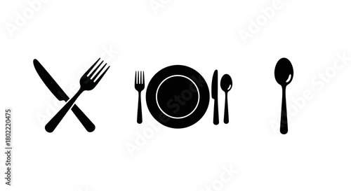 Minimalist black and white dining tableware icons in silhouette style