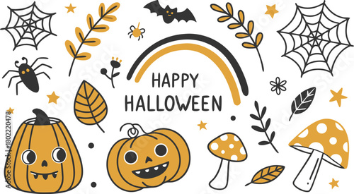 Happy halloween Boho abstract set. creative contemporary aesthetic doodle elements. Bohemian mystical magic collection clip art hand drawing style.  Vector illustration