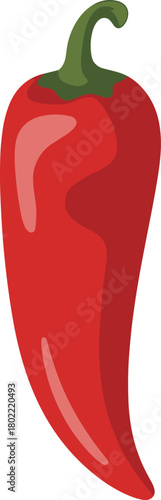 Single Upright Red Chili Pepper Vector Illustration Isolated on White, Classic Spicy Food Graphic Perfect for Ingredient Icons, Cooking Websites, and Flavor Ratings.