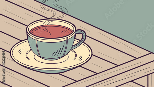 A steaming cup of tea on a saucer is placed on a wooden table with a light blue background area