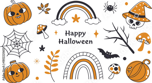 Happy halloween Boho abstract set. creative contemporary aesthetic doodle elements. Bohemian mystical magic collection clip art hand drawing style.  Vector illustration