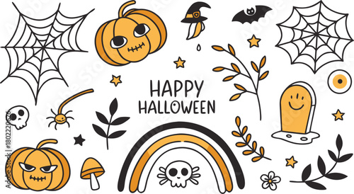 Happy halloween Boho abstract set. creative contemporary aesthetic doodle elements. Bohemian mystical magic collection clip art hand drawing style.  Vector illustration