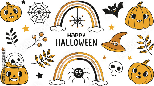 Happy halloween Boho abstract set. creative contemporary aesthetic doodle elements. Bohemian mystical magic collection clip art hand drawing style.  Vector illustration