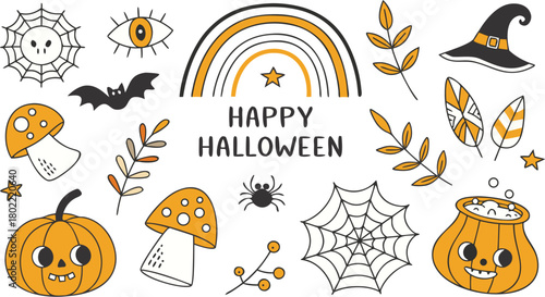 Happy halloween Boho abstract set. creative contemporary aesthetic doodle elements. Bohemian mystical magic collection clip art hand drawing style.  Vector illustration