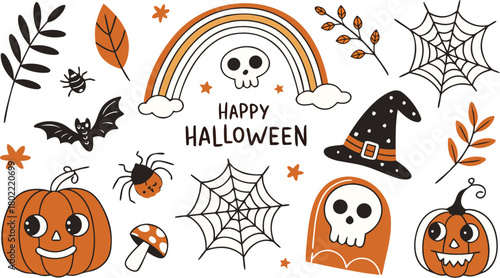Happy halloween Boho abstract set. creative contemporary aesthetic doodle elements. Bohemian mystical magic collection clip art hand drawing style.  Vector illustration