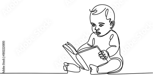 a baby sitting and reading a book, ideal for education, childhood learning, parenting and creative design uses.