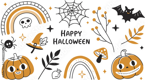 Happy halloween Boho abstract set. creative contemporary aesthetic doodle elements. Bohemian mystical magic collection clip art hand drawing style.  Vector illustration