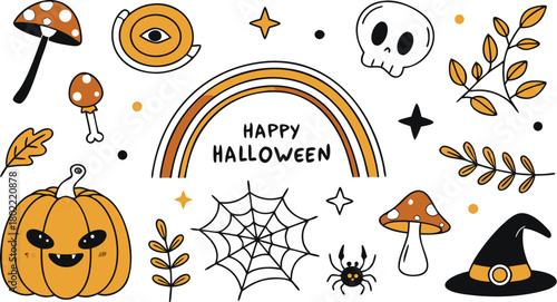 Happy halloween Boho abstract set. creative contemporary aesthetic doodle elements. Bohemian mystical magic collection clip art hand drawing style.  Vector illustration