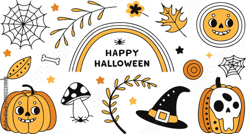 Happy halloween Boho abstract set. creative contemporary aesthetic doodle elements. Bohemian mystical magic collection clip art hand drawing style.  Vector illustration