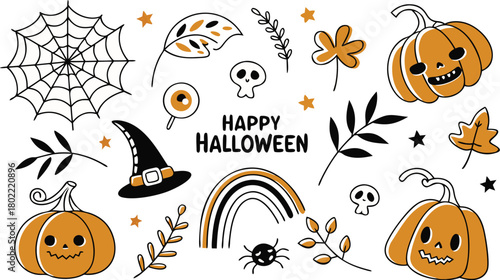 Happy halloween Boho abstract set. creative contemporary aesthetic doodle elements. Bohemian mystical magic collection clip art hand drawing style.  Vector illustration