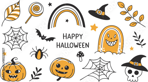 Happy halloween Boho abstract set. creative contemporary aesthetic doodle elements. Bohemian mystical magic collection clip art hand drawing style.  Vector illustration