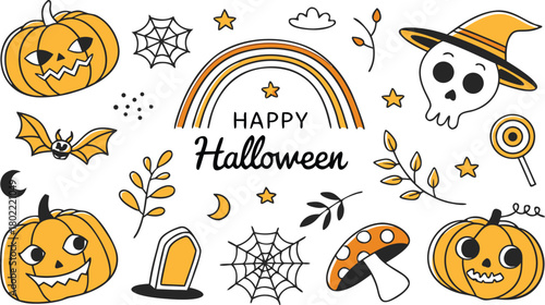 Happy halloween Boho abstract set. creative contemporary aesthetic doodle elements. Bohemian mystical magic collection clip art hand drawing style.  Vector illustration