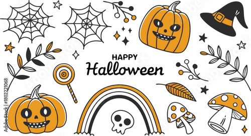 Happy halloween Boho abstract set. creative contemporary aesthetic doodle elements. Bohemian mystical magic collection clip art hand drawing style.  Vector illustration