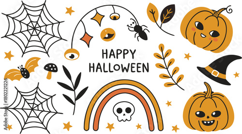 Happy halloween Boho abstract set. creative contemporary aesthetic doodle elements. Bohemian mystical magic collection clip art hand drawing style.  Vector illustration