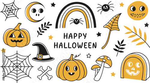 Happy halloween Boho abstract set. creative contemporary aesthetic doodle elements. Bohemian mystical magic collection clip art hand drawing style.  Vector illustration