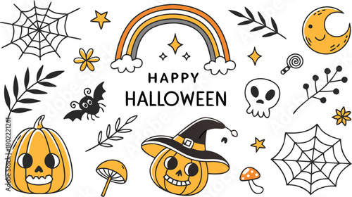 Happy halloween Boho abstract set. creative contemporary aesthetic doodle elements. Bohemian mystical magic collection clip art hand drawing style.  Vector illustration