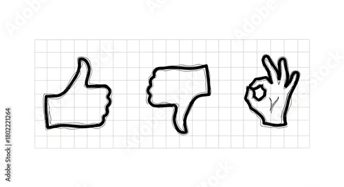 Hand gesture symbols with sketchy outline on grid background