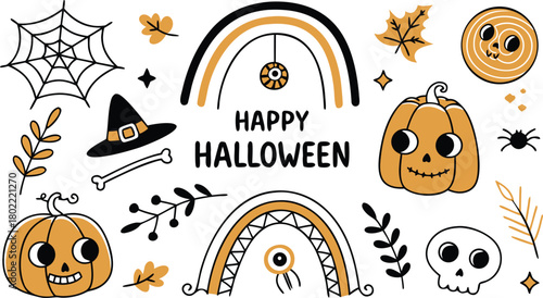 Happy halloween Boho abstract set. creative contemporary aesthetic doodle elements. Bohemian mystical magic collection clip art hand drawing style.  Vector illustration