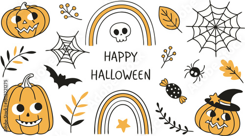 Happy halloween Boho abstract set. creative contemporary aesthetic doodle elements. Bohemian mystical magic collection clip art hand drawing style.  Vector illustration