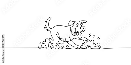 Fun continuous-line illustration of a happy dog running through a puddle, capturing energy, playfulness, and lighthearted animal behavior in minimalist