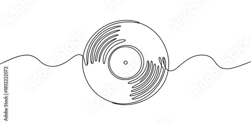 Simple continuous line of a vinyl record, symbolizing music, retro sound, and classic audio culture in a clean minimalist style.