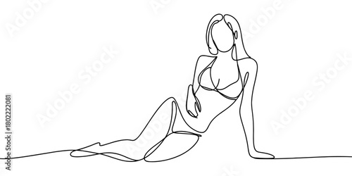 a woman reclining in a bikini, expressing simplicity, summer style, and minimal artistic design for creative uses.