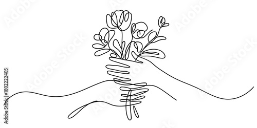 Minimal continuous-line drawing of two hands exchanging a bouquet, symbolizing love, gratitude, celebration, and gentle emotional connection.