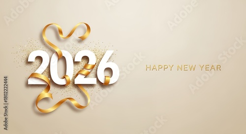 Elegant 2026 Happy New Year celebration with golden ribbon and confetti, festive greeting design