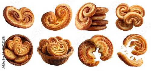 Set of Palmier flaky crunchy French biscuit cookie pastry, pile stack group bitten broken, rattan basket on transparent background cutout, PNG file. Many different design. Mockup for artwork