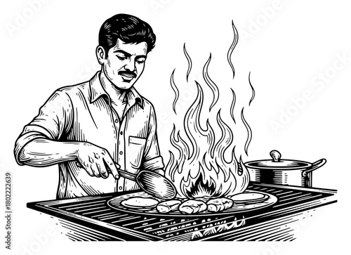 Indian Man Cooking Street Food on Grill Vintage Hand Drawn Sketch Illustration