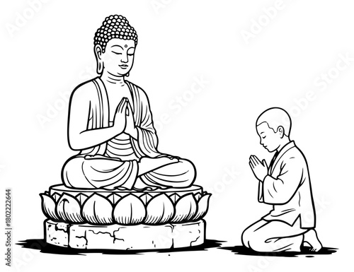 Buddha And Praying Novice Monk On Lotus Line Art Vector Illustration For Meditation And Mindfulness