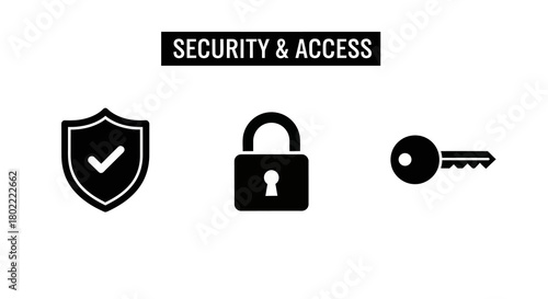Simple security symbols: lock, key, and shield for access