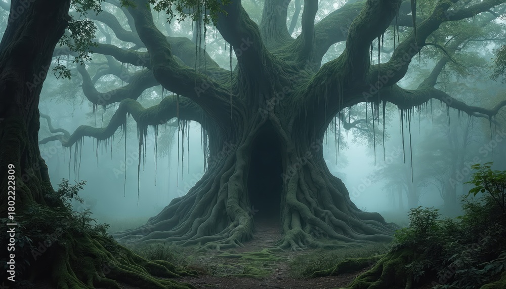 Naklejka premium Ancient mystical tree stands in dense foggy forest. Roots twist on ground, hollow trunk looks like cave entrance. Overhanging branches with moss create eerie atmosphere. Fantasy scene suggests magic,
