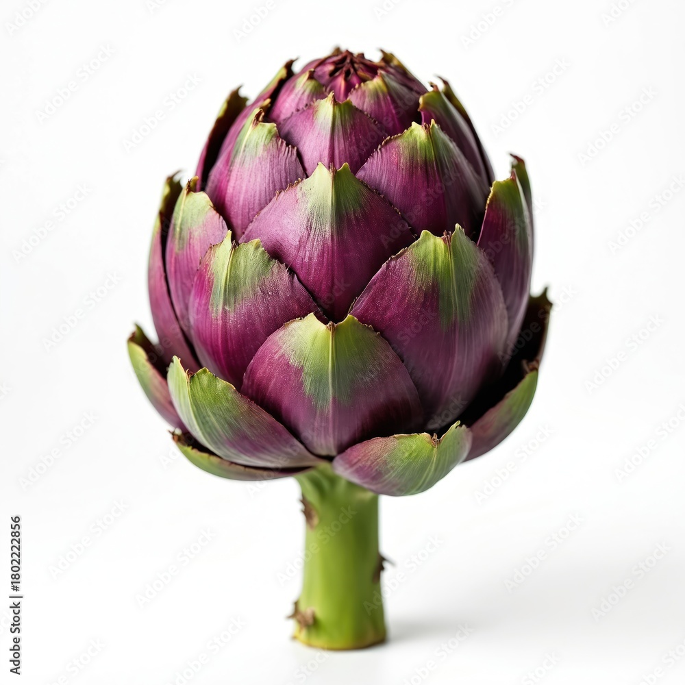 Obraz premium Fresh purple globe artichoke isolated on white background. Closeup of raw organic vegetable. Ripe edible flower bud healthy gourmet ingredient for cooking. Healthy vegetarian food for diet detox rich