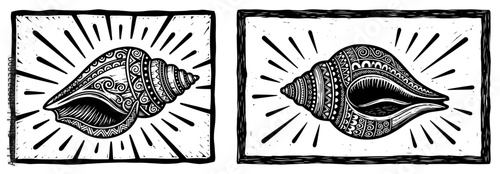Sacred Shankha Conch Shell Vintage Engraving Style Hindu Ritual Vector Illustration With Radiant Rays
