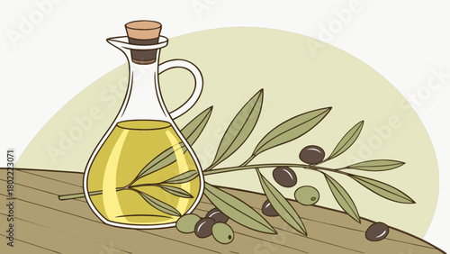 Olive oil in a glass bottle with a cork stopper and an olive branch on a wooden table surface view