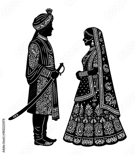 Indian Wedding Couple Silhouette Bride And Groom In Ornate Sherwani And Lehenga With Sword Vector