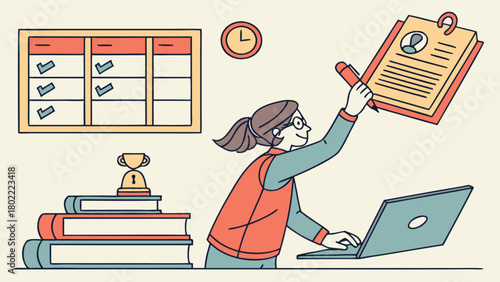 Illustration of a woman working at a laptop with a clipboard, books, and a task board in the background