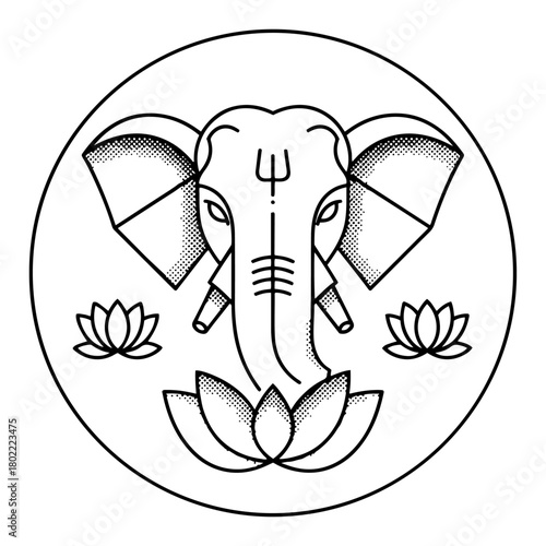 Minimalist elephant head on lotus flower logo. Sacred Indian animal in circle vector icon with halftone effect.