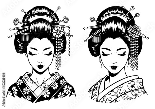 Japanese Geisha portrait vector set. Beautiful woman in traditional kimono and hairstyle illustration.